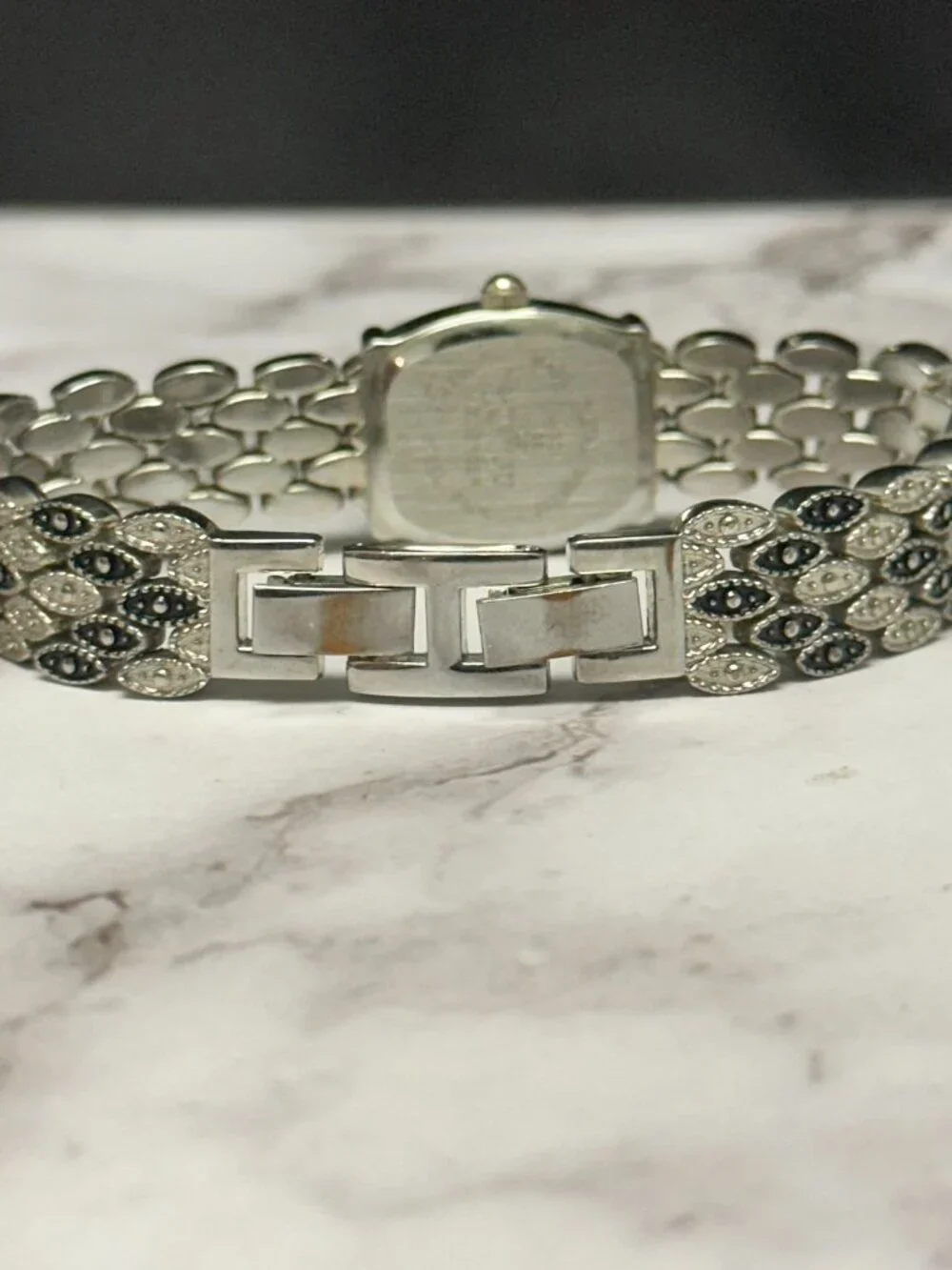 M. Z. Berger Marcasite Watch Silver Tone White Dial Ornate New Battery 7 inch